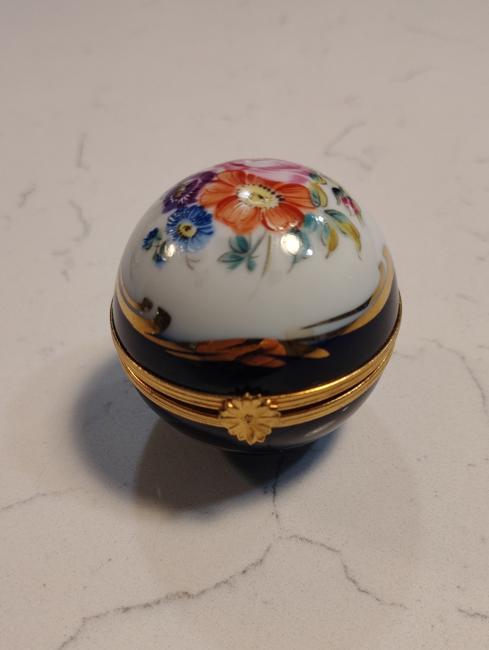 Limoges Floral Porcelain Trinket Box in White, Blue, Orange, Purple, Gold